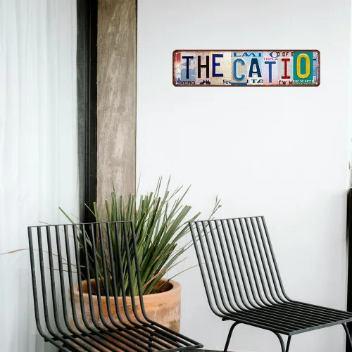 Vista 6 de Cartel de metal Catio – Regalo para los amantes de los gatos, divertida decoración de pared de patio de gatos para jardín, casa, bar y cueva