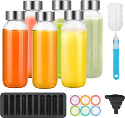 Vista 12 de PROBTTL Botellas de vidrio para jugo de 18 onzas con tapas, botellas de agua de vidrio transparente recargables con tapas herméticas de acero