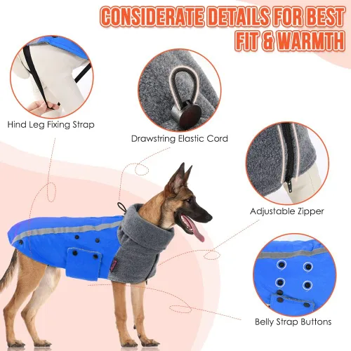 Vista 4 de SlowTon Abrigo de invierno para perro, cálida chaqueta para perros con forro polar para exteriores con bufanda de cuello alto, raya reflectante E.