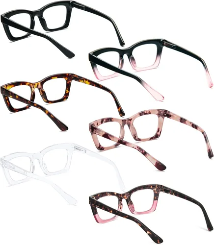 Vista 3 de REAVEE 6 Pack Reading Glasses for Women Blue Light Blocking, Cute Square Computer Readers with Spring Hinge