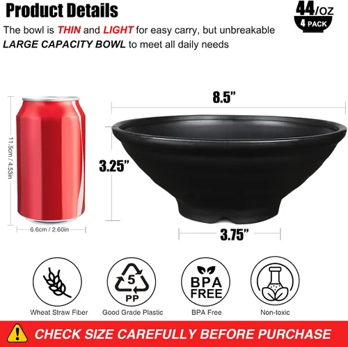 Vista 2 de shopwithgreen Juego de 4 tazones de ramen japonés de plástico fino y paja de trigo, cuencos grandes de ramen de 44 onzas para sopa de fideos Pho