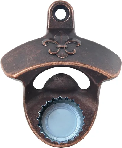 Vista 8 de Abrebotellas magnético vintage montado en la pared Fleur De Lis Beer Cap Abridor con imanes Montable Bronce Antiguo