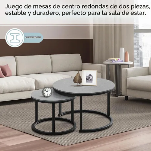 Vista 4 de Juego de 2 mesas auxiliares redondas para sala de estar, mesa central elegante con mesa de grano de madera, mesas auxiliares pequeñas