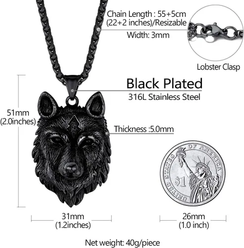 Vista 5 de Richsteel Collares para hombres de acero inoxidable 316chapado en oro de 18 quilatesnegro lobo colgante vikingo nórdico joyería