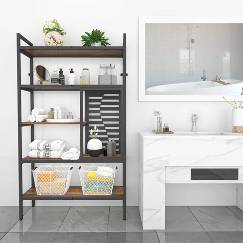 Vista 7 de Weehom Estantería industrial ajustable de 5 niveles, estantería de madera moderna con marco de metal estable, estantes de almacenamiento abiertos