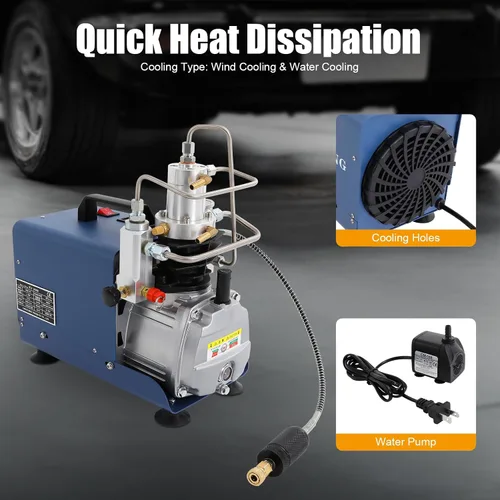 Vista 2 de Compresor de aire eléctrico PCP de alta presión, 30Mpa 4500PSI, 110V, azul, compresión de dos etapas, portátil, duradero, inflado de neumáticos