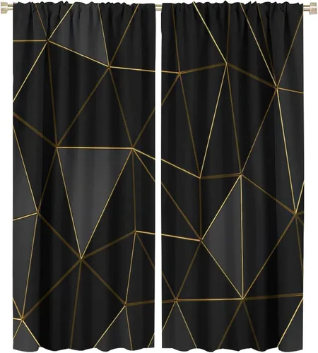 Vista 114 de Cortinas Negras con Dobladillo Dorado, Cortinas Opacas con Bolsillo para Barra con Estampado de Rayas de Foil en Onda Dorada para Decoración de Negro