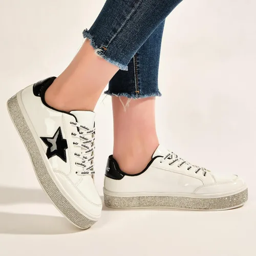 Vista 5 de UUBARIS Zapatillas de tenis con purpurina para mujer, color neón, elegantes, brillantes, con diamantes de imitación, para boda, novia, zapatos