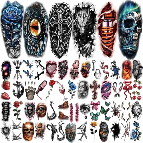 Vista 2 de 77 hojas de tatuajes temporales realistas en 3D para adultos y niños, cráneo, tigre, lobo, león, dragón, araña, serpiente, tatuajes temporales