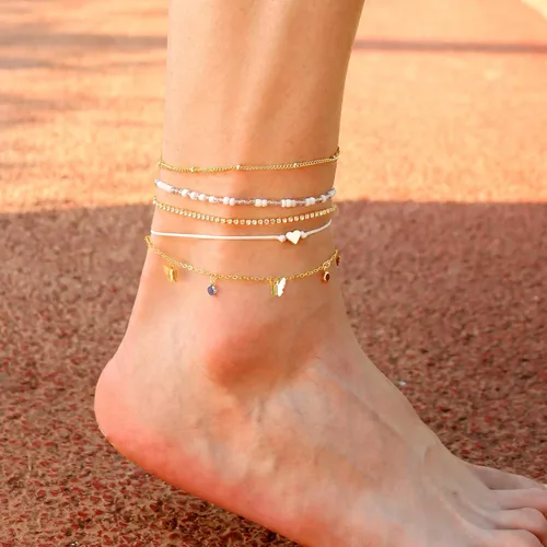 Vista 7 de 6 pulseras de tobillo para mujer, tobilleras de oro real de 14 quilates, impermeables, de espiga de espiga de oro Figaro, tobillera de eslabones