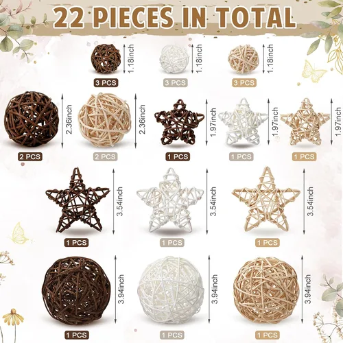 Vista 2 de Chunful 22 bolas decorativas para cuencos de centro de mesa, bolas de ratán de mimbre, rellenos de jarrón para manualidades, fiestas, decoración