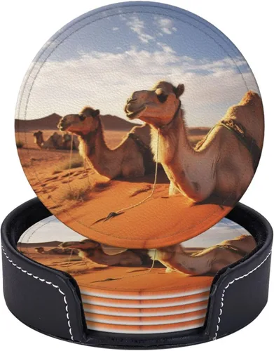 Vista 5 de Camels Rest Desert Printing Coasters for Drinks Set of 6 Leather Drink Coasters Round Cup Mat Pad Durable and Non Slip Leather Coaster for Home