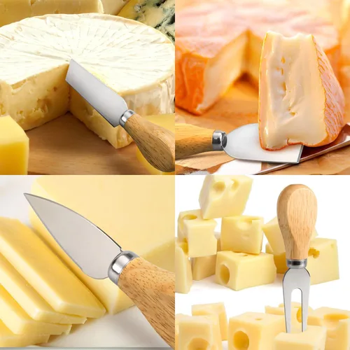 Vista 4 de Juego de 4 cuchillos de queso, cuchillo de queso, tenedor de queso, rebanador de queso, cuchillo de mantequilla, mini cuchillos de queso de acero