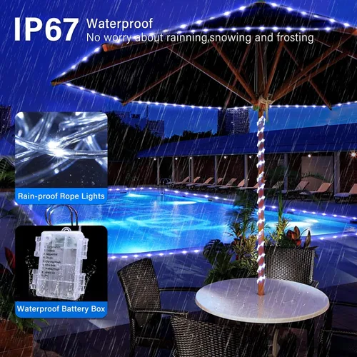Vista 7 de JMEXSUSS Cuerda de luces LED de 100 luces LED que funcionan con pilas, resistente al agua, 33 pies, 8 modos, luces de batería al aire libre
