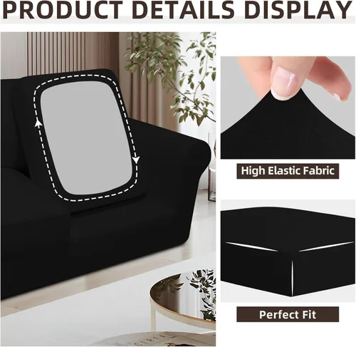 Vista 6 de Easy-Going - Funda elástica para sofá (7 piezas), tamaño XL, color negro Juego de funda de sofá lavable para 3 cojines de respaldo y asiento