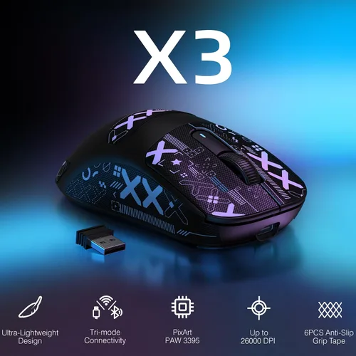 Vista 4 de ATTACK SHARK X3 - Mouse inalámbrico ligero para juegos con tres modos de 2.4GUSB-C con cableBluetooth, 26K DPI, sensor óptico PAW3395, interruptor