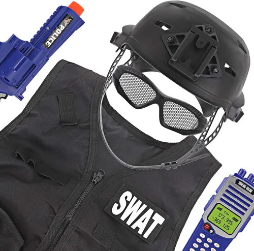 Vista 3 de Disfraz policial de SWAT de policía de lujo disfraz con casco monóculo de visión nocturna pistolas accesorios 12piezas negro