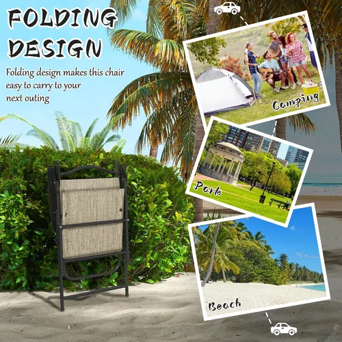 Vista 4 de Outsunny Sillas plegables para patio, juego de 4 sillas deportivas para adultos, sillas de camping con reposabrazos, asiento de tela de malla Beige