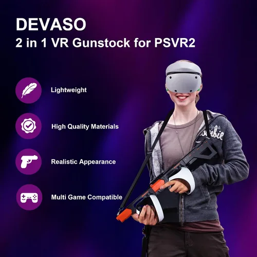 Vista 2 de DEVASO Magnetic VR Gun Stock for PSVR2, 3-in-1 Changing VR Handle Accessories for Playstation VR2, Handle Attachment with Shoulder Straps for