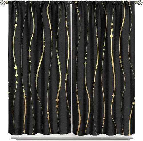 Vista 92 de Cortinas Negras con Dobladillo Dorado, Cortinas Opacas con Bolsillo para Barra con Estampado de Rayas de Foil en Onda Dorada para Decoración de Negro