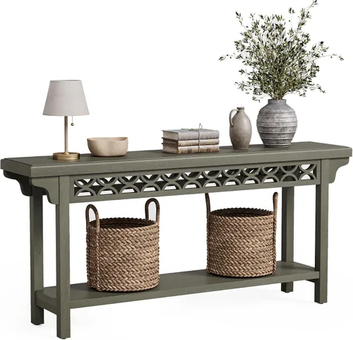 Vista 10 de LITTLE TREE Consola de 70.87 pulgadas de largo, mesa de entrada estrecha de madera maciza con estante, mesa de sofá rústica para sala de estar, Negro