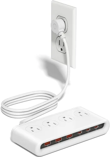 Vista 9 de Regleta de alimentación con USB C de 35 W, cargador de pared de enchufe plano 10 en 1, cable de extensión de 5 pies con 4 CA, 3 USB A y 3 USB C