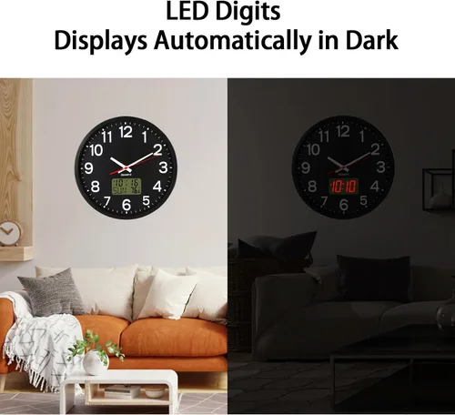 Vista 19 de Reloj de pared analógico de 12 pulgadas, silencioso, sin tictac, reloj de pared grande de cuarzo con LED nocturno, reloj de pared decorativo a