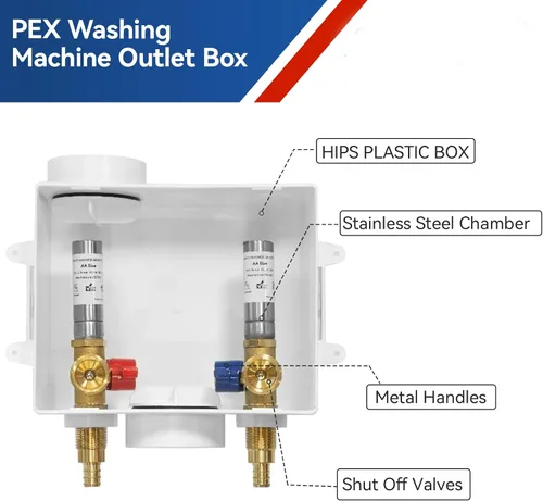 Vista 2 de Caja de Salida para Lavadora con Amortiguador de Golpe de Ariete de Acero Inoxidable, Entrada PEX de 1/2 Pulgada x Conexión de Salida MHT de 3/4
