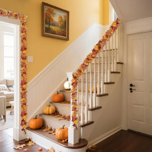 Vista 3 de Guirnalda de hojas de arce de otoño de 11.6 pies (2 x 5.8 pies), decoración de hojas artificiales de Acción de Gracias para árbol, mesa de repisa