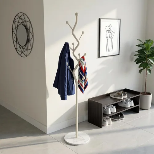 Vista 14 de Moderno perchero de metal con forma de árbol, árbol de pasillo de metal independiente con base de mármol resistente, organizador de entrada
