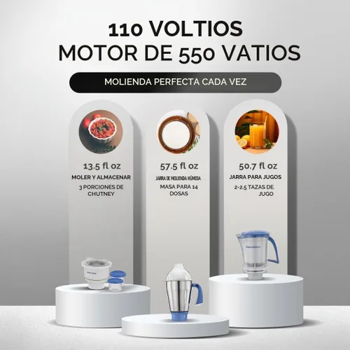 Vista 2 de Preethi Blue Leaf Platinum mezclador y molinillo de 3 frascos Indian de 550 vatios 110 voltios