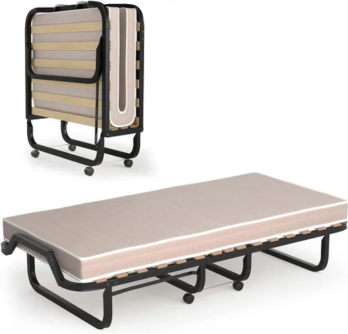 Vista 13 de HAPPYGRILL Cama enrollable, cama plegable con colchón de espuma viscoelástica de 5 pulgadas, marco de acero resistente, 4 ruedas universales, cama