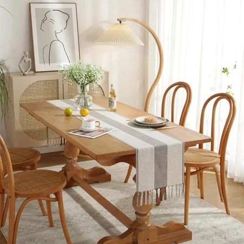 Vista 2 de Hsvanyr Camino de mesa gris rústico rectangular con exquisita borla para cocina, comedor, picnic, mesa de café, 13 x 63 pulgadas, a prueba de polvo
