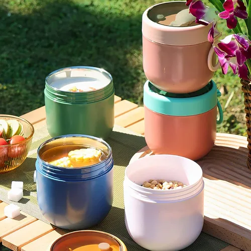 Vista 6 de Aphmeir Recipientes de avena con tapas, de acero inoxidable de 20 onzas, tarros de avena con cuchara, frascos de comida aislados, contenedor de Rosa