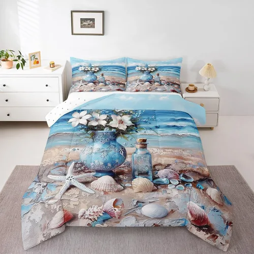 Vista 13 de Erosebridal Edredón náutico costero, juego de ropa de cama y colecciones de playa de verano, estilo clásico, edredón de plumón oceánico