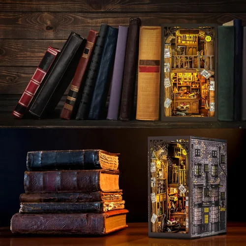 Vista 6 de Wimlade - Kit de manualidades para rincón de libros, kit de rincón de libros en miniatura, estante de libros con sujetalibros de rompecabezas 3D