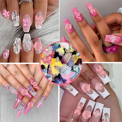Vista 3 de COOSLIM 110 dijes de uñas 3D para uñas acrílicas, flor de camelia, rosa, mariposa, lazo, corazón, oso, conejo, estrella, para diseños de uñas