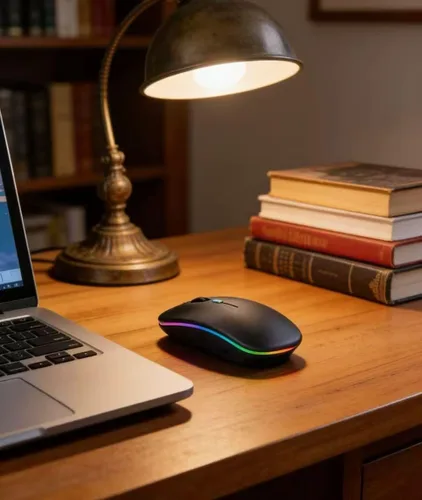 Vista 3 de Ratón Bluetooth inalámbrico, modo dual ultrafino recargable (Bluetooth 5.2 + receptor USB de 2.4 GHz) con luz LED colorida y clic silencioso, mouse