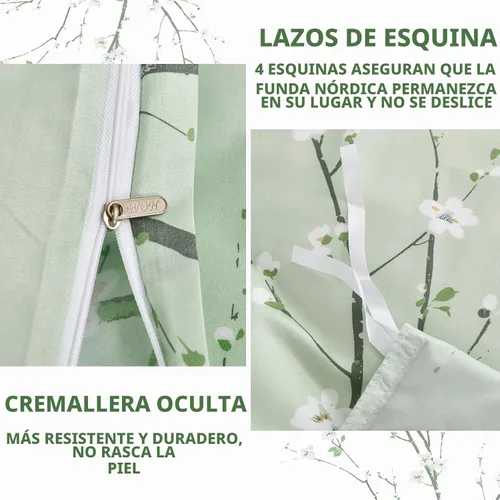 Vista 5 de WONGS BEDDING Juego de funda de edredón floral verde salvia Queen, 3 piezas juego de ropa de cama con estampado de flores de ciruelo con 2 fundas