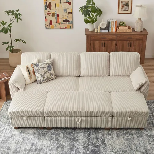 Vista 4 de Sofá en forma de U de 102.3 pulgadas con 2 otomanas móviles y 1 mesa auxiliar, se convierte en sofá cama, incluye 2 almohadas para reposabrazos