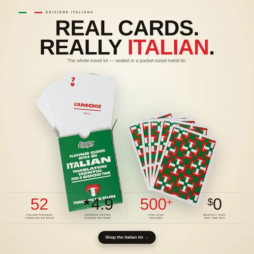 Vista 7 de Lingo Naipes italianos en lata de viaje premium Aprende vocabulario y frases italianas para adultos y principiantes Edición de caja de regalo