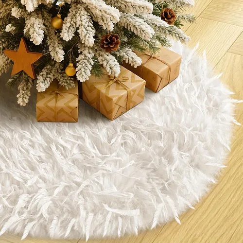 Vista 18 de Falda de Árbol de Navidad de 24 Pulgadas - Falda de Árbol de Piel Sintética Esponjosa Beige Blanca, Decoración Navideña de Felpa de Color Toka