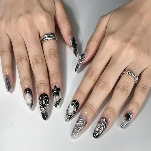 Vista 11 de Uñas postizas a presión de almendra, uñas postizas medianas con diseños de estampado francés de lámina dorada 3D, pegamento dorado Starlight en uñas