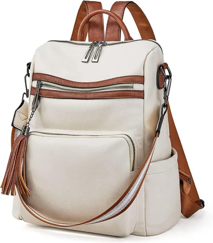 Vista 43 de OPAGE - Mochila de cuero para mujer, con borla de moda, bolso de hombro, mochila grande, bolsa de viaje, gris, L