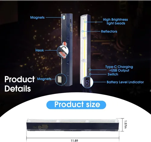 Vista 7 de LETOUR Barra de Luz Magnética, 11.81 pulgadas, 5000mAh 6000 Lúmenes Lámpara Portátil Recargable con 165 Bombillas LED Incorporadas, con Gancho