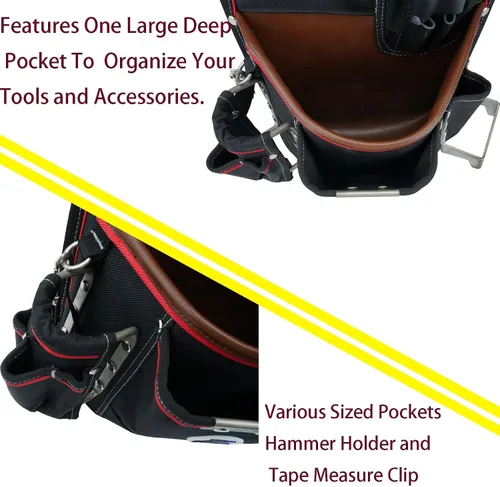 Vista 4 de Zeluga 20-539 - Bolsa de herramientas profesional resistente con soporte para martillo y clip de cinta Nylon balístico 1680D + cuero genuino