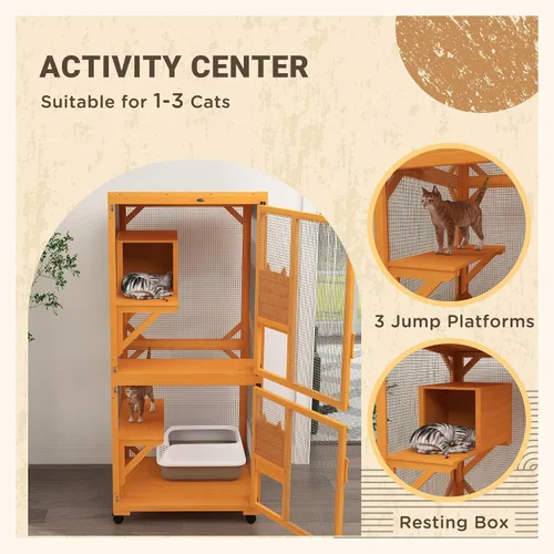 Vista 4 de Casa grande para gatos con caja de descanso alta, catio de madera de 71 pulgadas con techo de asfalto, recinto para gatos en interiores y exteriores