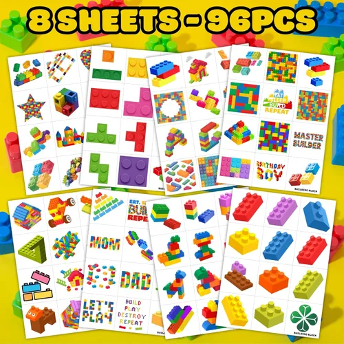 Vista 4 de 96 tatuajes temporales precortados de bloques de construcción, bonitos recuerdos de fiesta para niños, niños y niñas, suministros para fiestas