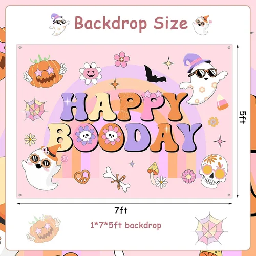 Vista 6 de Groovy - Decoración de fiesta de cumpleaños de Halloween, 7 x 5 pies, pancarta de fondo de feliz día de abucheo para niña, decoración bohemia arco