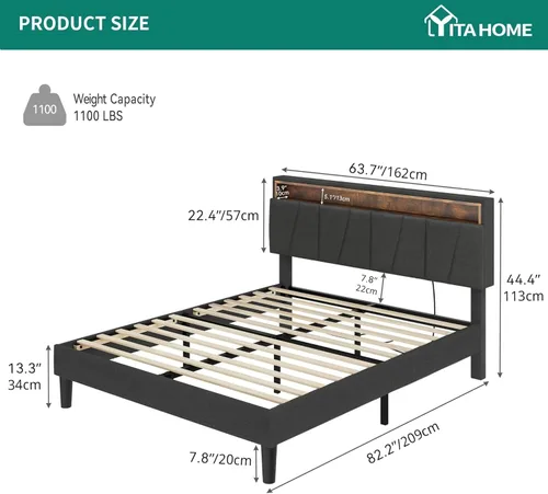 Vista 2 de YITAHOME Base de cama tapizada tamaño Queen, base de cama LED con cabecero de almacenamiento, cama plataforma con toma de corriente y puertos USB
